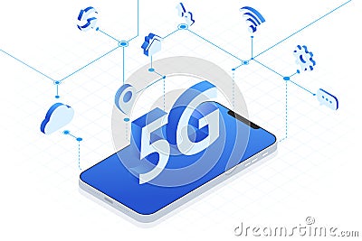 5G wireless network technology vector illustration, big letter 5G and smartphone isometric, mobile internet concept, digital servi Vector Illustration